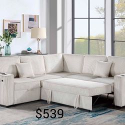 Convertible  Sectional With Pull- Out Bed & Storage Ivory  OR Dark Grey  Corduroy 