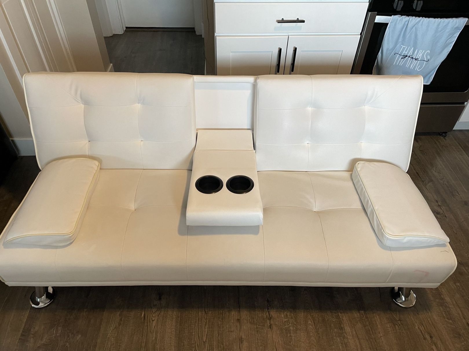YESHOMY Futon Sofa Bed Modern Faux Leather Cream White