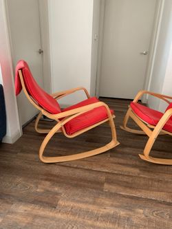 2 Wooden Rocking Chairs with Red Cushions $70 for both OBO