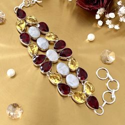 Garnet, Rainbow Moonstone And Citrine 925 Sterling Silver Overlay Cluster Beacelet