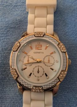 Geneva silver tone with diamond accents watch with white rubber band