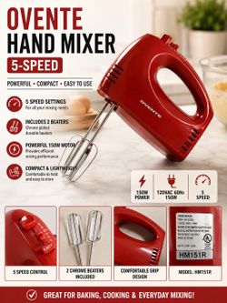 OVENTE 5-Speed Hand Mixer – Red – Working