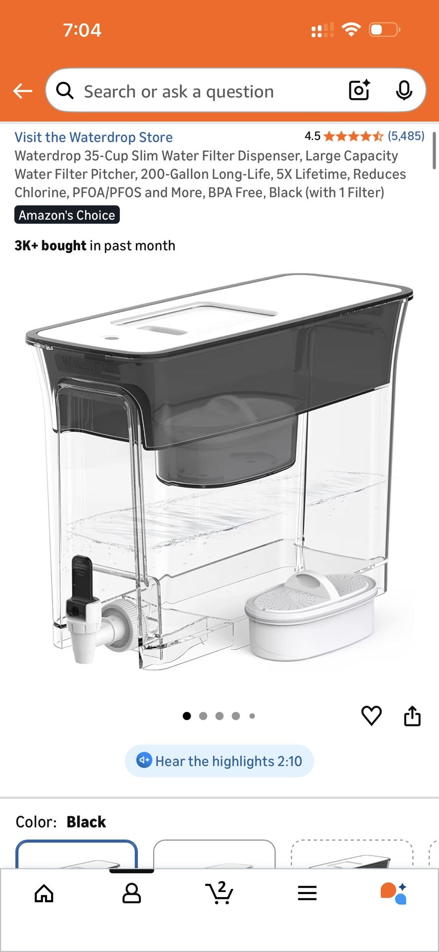 Waterdrop 35-Cup Slim Water Filter Dispenser, Large Capacity Water Filter Pitcher, 200-Gallon Long-Life