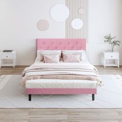 Pink Upholstered Platform Bed Frame with Button Tufted Headboard, Full size