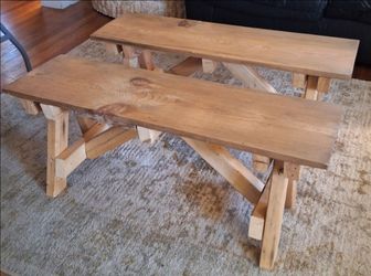 Homemade Pair Wooden Farmhouse Benches