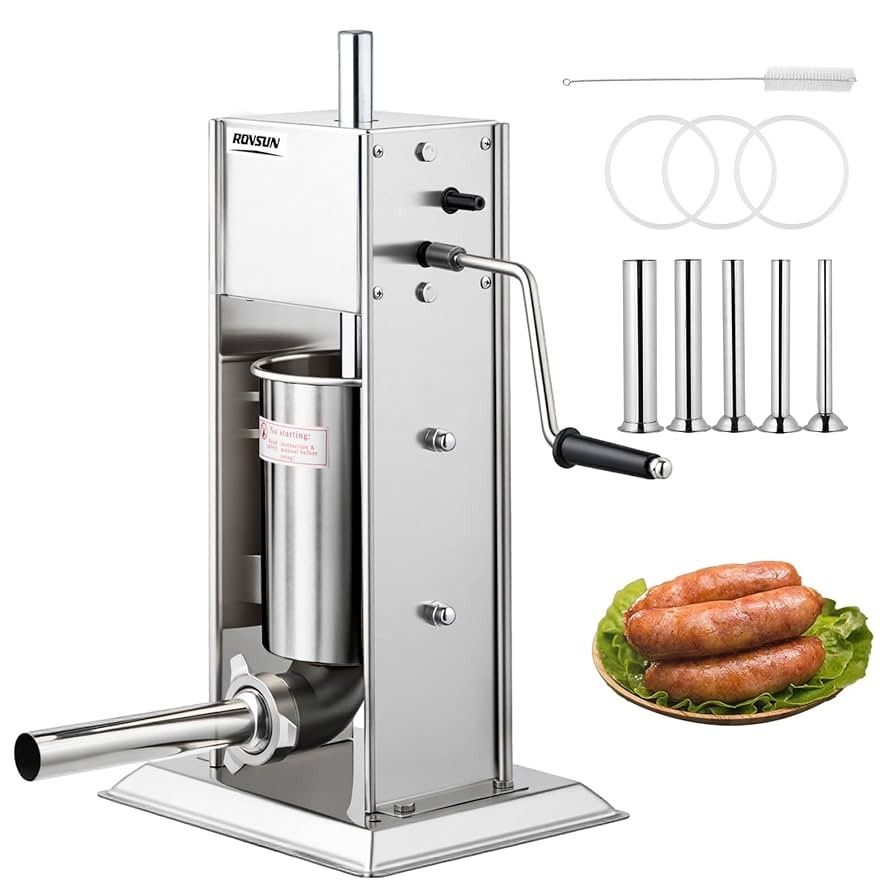 ROVSUN 7LB/3L Manual Sausage Stuffer, Two Speed Stainless Steel Vertical Sausage Maker, Meat Filling Machine with 5 Stuffing Tubes for Commercial 