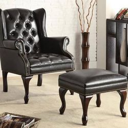 **BIG SALE** Classic Wingback Chair and Ottoman Set in Black Leatherette!  ONLY $299 Was $499!