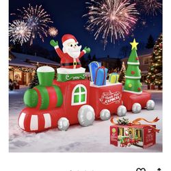 10FT Christmas Inflatable Train with Santa Claus, Gift Boxes, Christmas Trees, Built-in Lights, 2025 Yard Decor Giant Blow Up Santa Train, Lovely Holi