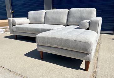 White Mid Century Modern Sectional Sofa with Right Chaise