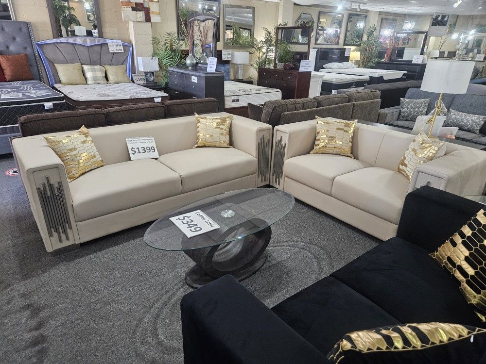 Brand New Cream Leather Air Modern Sofa + Loveseat 2PCs Set