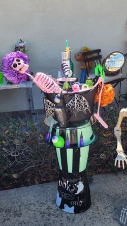 Halloween Skeleton in Calderon bath SUPER ADORABLE DECOR! Large size sits on table stand. $40