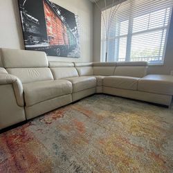 Beige Top Grain Leather Sectional Recliner