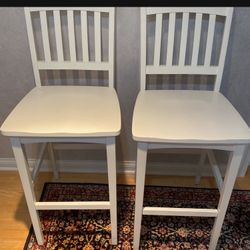 2 White Solid Wood Bar Stools Wide Seat