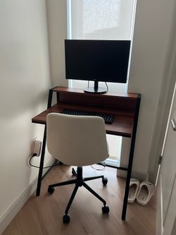 Compact Home Office Desk, Chair, Monitor, Keyboard Setup