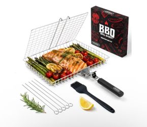 Grill Basket Set, Barbecue BBQ Grilling, Stainless Steel Folding Portable Outdoor Camping Rack for Fish, Shrimp, Vegetables, Cooking Accessories, Gift