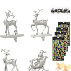 Ulico Christmas Stocking Holder Stocking Hanger- Weighted Stocking Holder for Mantel Set of 4-Reindeer Stocking Holder-Silver Metal Mantel Stocking Ho