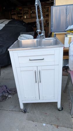 Portable White kitchen ss sink cabinet, $25