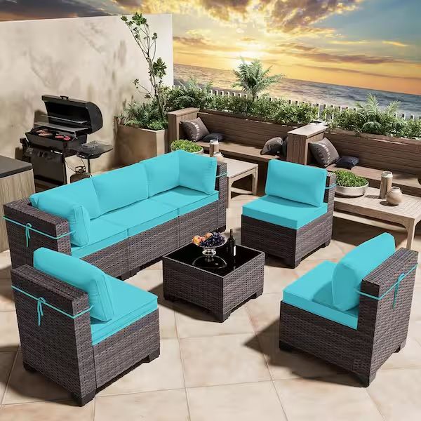 7-Pc Aqua Blue (Teal) Or Gray Outdoor Patio Rattan Wicker Sectional Furniture Set  [NEW IN BOX] **Retails for $800 <Assembly Required> 