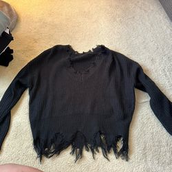 Women’s Distressed V Neck Black Sweater Size Large
