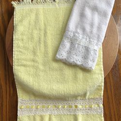 **VINTAGE** 2 Hand Towels - Embellished w/Lace~Ribbon - 1 Yellow~1 White