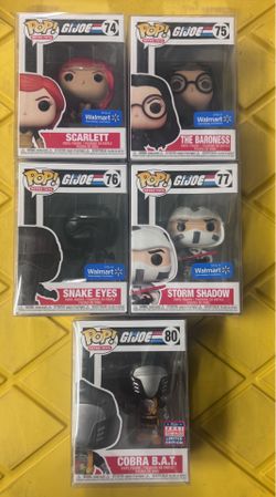 Funko Pop Retro Toys G.I. Joe Vinyl Figure Set - Scarlett, Baroness, Snake Eyes, Storm Shadow, Cobra B.A.T with soft plastic protectors.