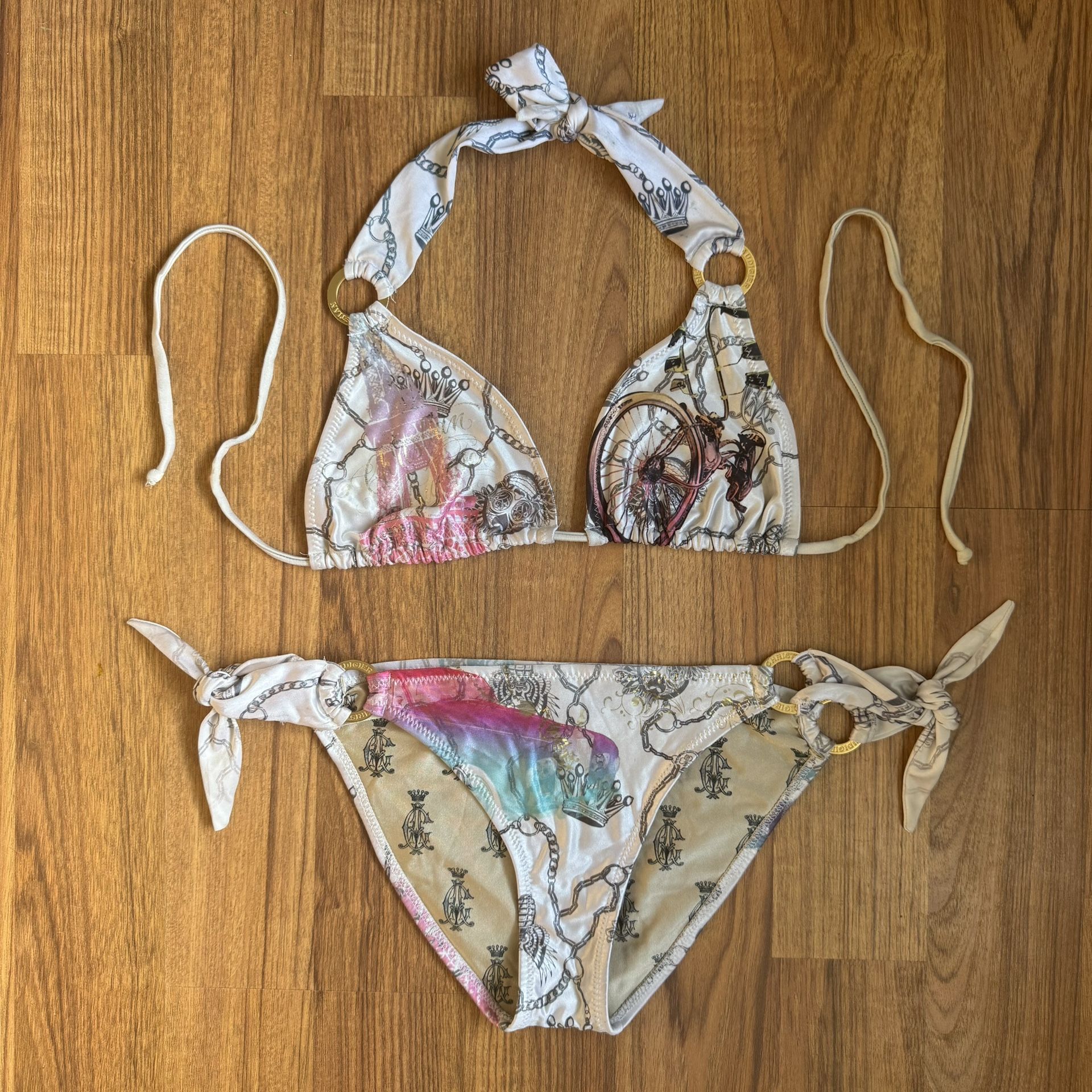 CHRISTIAN AUDIGIER Ed Hardy Vintage Y2K White Pink Blue Paris Bike Bikini Set