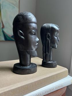 Vintage Hand Carved Tanzanian Wooden Male & Female Bust ( H9.3" H8.3” ) firm on price