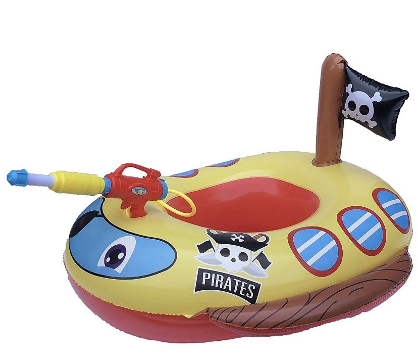 Big Summer Inflatable Pirate Boat Pool Float for Kids with Built-in Squirt Gun, Inflatable Ride-on for Kids Aged 3-7 Years