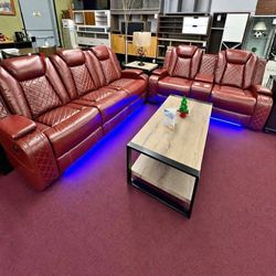 2PC Recliner sofa and loveseat Brown red color with LED USB Wireless chargers