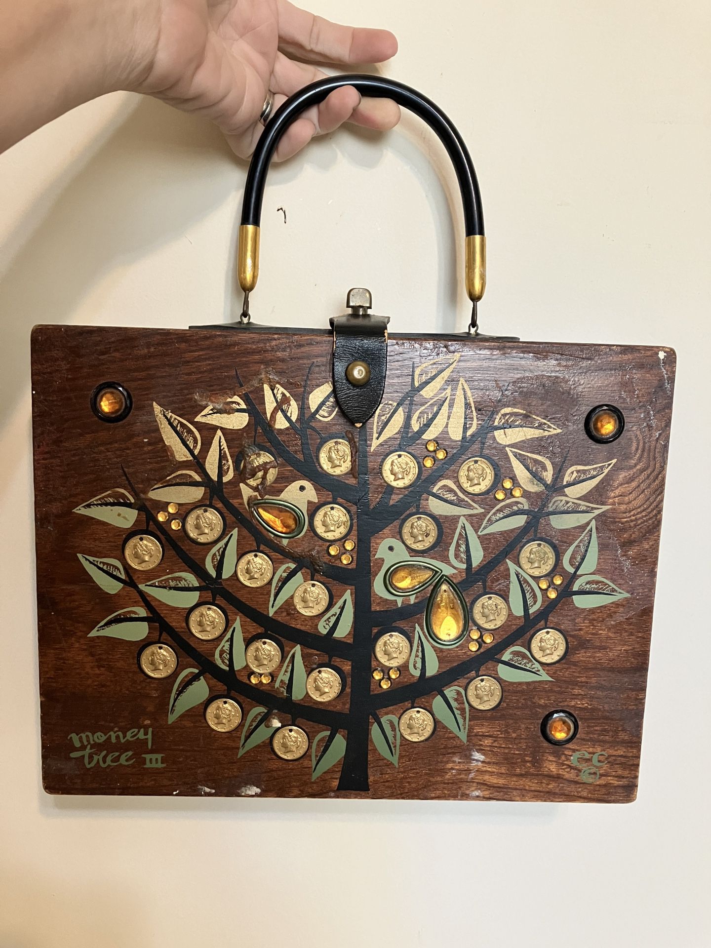 Enid Collins of Texas “Money Tree III” Wooden Box Purse, 1960s Vintage