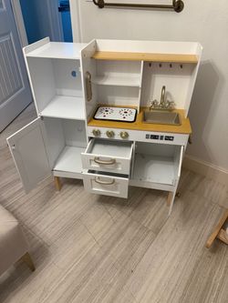 White Wooden Kids Play Kitchen with Gold Accents – $115