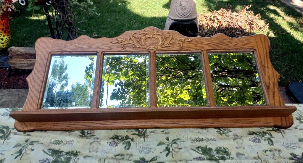 Antique Solid Oak Wall Mantle Beveled Glass Mirror 55 Inch