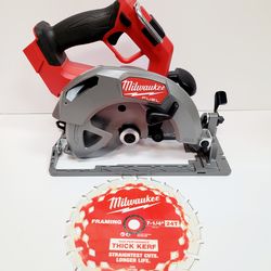 FUEL M18 7-1/4" circular saw. Has a 7-1/4 inch blade. Comes with one 24T framing blade. Great for cutting wood and stuff.