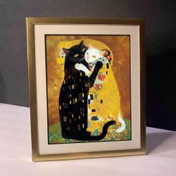 Gustav Klimt Inspired Cat Art Print – Gold Toned Framed Print 8”x 10” inches