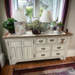 Completely Refurbished, White With Stained Wood, Top Buffet/Dresser/Sideboard