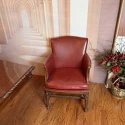 Vintage Red Club Chair – Classic American Library Style Armchair – Solid Wood & Brass Nailhead