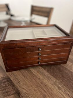 Pottery Barn Wood Jewelry Box with Glass Top and Drawers