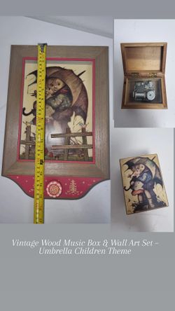 Vintage Wood Music Box & Wall Art Set – Umbrella Children Theme
