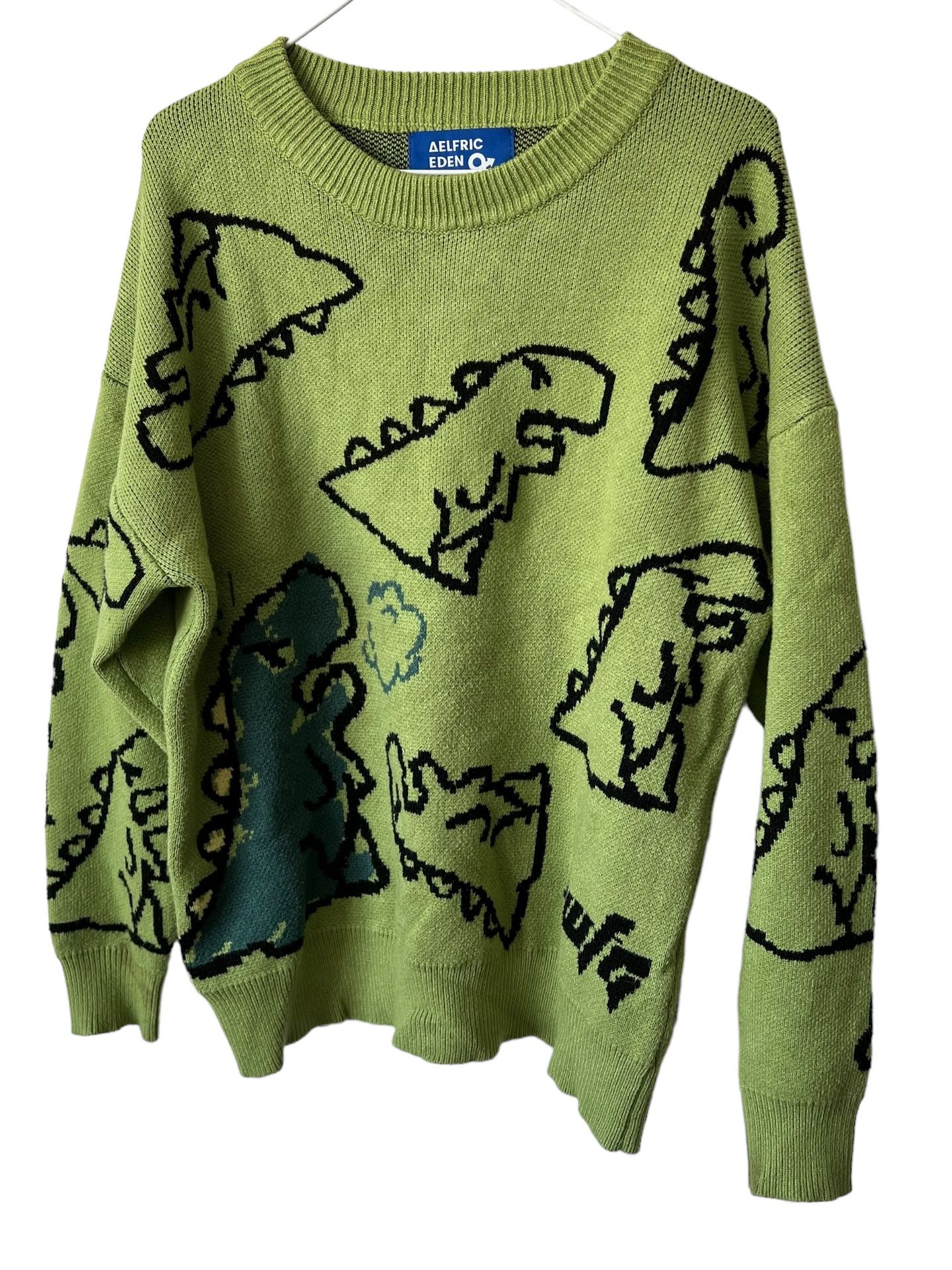 Aelfric Eden Sweater Mens M Green Black Graphic Cartoon AOP Dinosaur Acrylic?  Measurements are in pictures. Comes from a pet and smoke free home.Elev