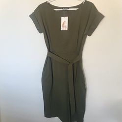 Olive Green Short Sleeve Dress with Pockets