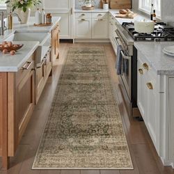 2x8 Washable Vintage Runner Rug Green Brown Hallway Kitchen Carpet Non-Slip Soft Low Pile Distressed Throw Rug for Bedroom Bathroom Laundry Living Roo