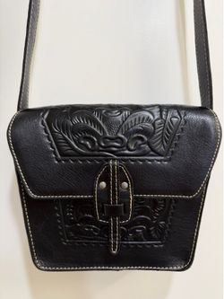 Patricia Nash Black Tooled Leather Crossbody Bag Vintage Boho Floral Embossed