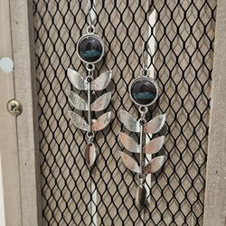Silver Leaf Earrings With Blue Gem