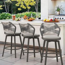 Outdoor Bar Stools Set of 3 360° Swivel Aluminum Rattan Barstools, Olefin Rope Counter Height Bar Stools with Curved Backrest, Boho Barstool with Cir