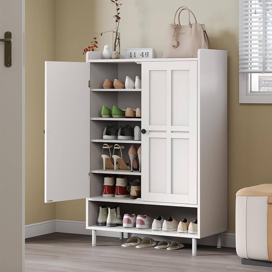 Shoe Storage Cabinet with Cross Molding Doors, 6-Tier Farmhouse Shoe Cabinet with 3 Adjustable Shelves and Metal Legs, 45" Shoe Organizer Closet