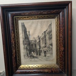 ​Antique Victorian Eastlake Picture Frame & Etching | 19th Century Deep Well