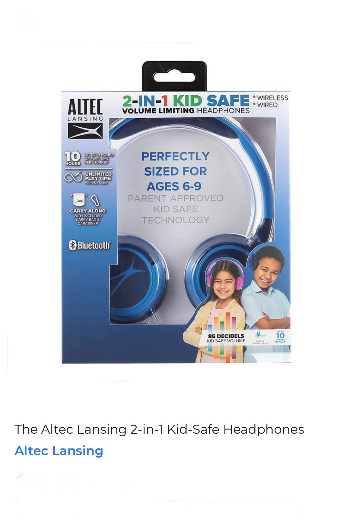 New In Box - Sealed- Altec 2 In 1 Kids Safe Headphones - Blue - MSRP $14.99