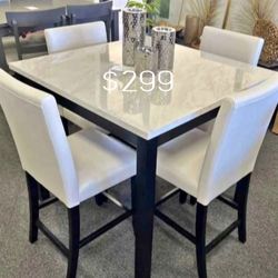 5- Pc Counter Height Dining Table Set White Faux Marble Table Top