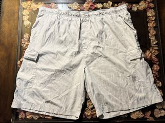 Men's Beige Cargo Shorts Cotton Elastic Waist Pockets Flat Front Casual