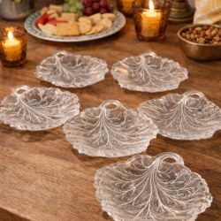 Indiana Glass USA 1970s Pebble Leaf Clear Tidbit Plates Set of 6, 6”